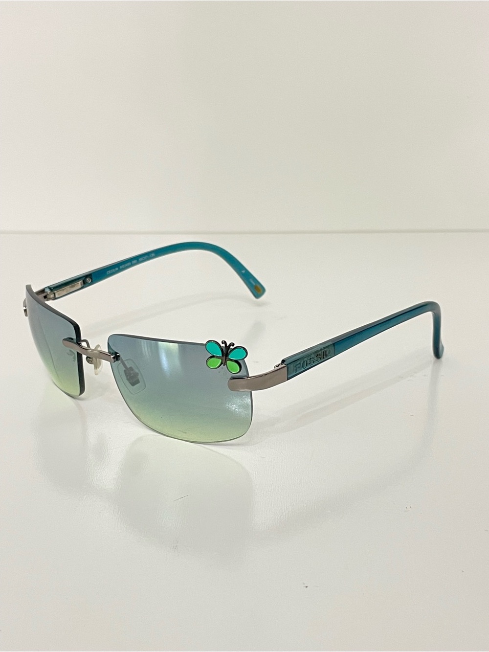 Fossil Vintage Y2K Cecelia Square Rimless Teal Butterfly Sunglasses